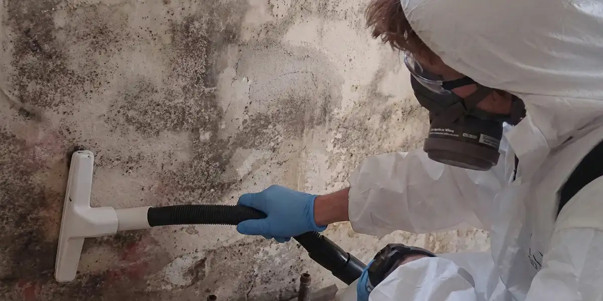professional mold removal technician wearing protective equipment removing mold from a wall in San Jose, CA